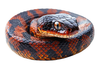 Obraz premium A close-up view of a coiled snake showcasing its vibrant scales and intricate patterns, set against a pure white background.