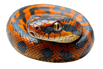 Fototapeta premium A close-up view of a vibrant, patterned snake showcasing its striking orange and black scales against a white isolated background.
