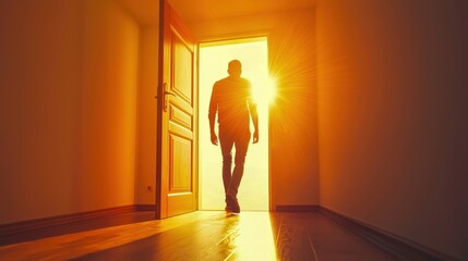 Obraz premium A silhouette of a person walking towards the light through an open door, symbolizing hope and new beginnings.