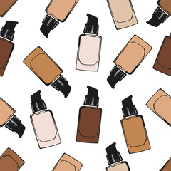 Obraz premium Seamless pattern of foundation bottles in various skin tones. Hand-drawn illustration on white background. Makeup and beauty concept. Design for wallpaper, textile, poster, and wrapping paper.