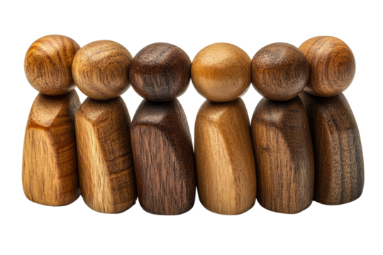 A collection of five wooden figurines standing side by side, showcasing various natural wood finishes. Ideal for representing teamwork and diversity.