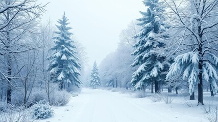 Obraz premium A serene winter wonderland scene with snow-covered trees and glistening frost, creating a magical atmosphere, bare branches, tranquil, frost