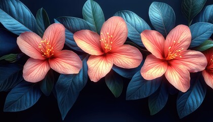 Obraz premium Three coral hibiscus flowers bloom amidst dark teal leaves. Perfect for beauty, spa, or nature themes.