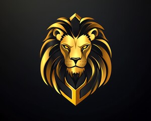 Obraz premium Elegant gold and black gradient lion head emblem with armor shape. Flat vector design on dark background, high resolution.