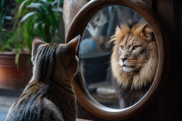 A cat looking at mirror with reflection of a lion. Feeling strong, successful, powerful, capable and mighty, introspective