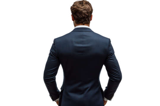 A confident businessman standing with hands on hips, showcasing a well-tailored suit against a white isolated background.