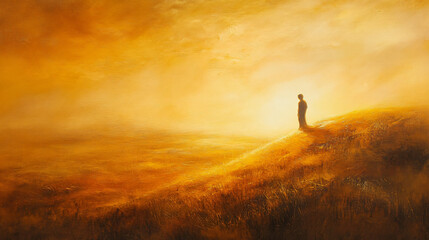 Fototapeta premium A figure lost in contemplation on a hill, as the sun casts a golden glow over the landscape.