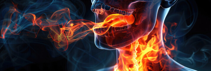 Fototapeta premium close-up, with a skull with a mouth of flames of fire, a burning esophagus on a black background, chronic inflammation of the stomach, reflux, heartburn disease
