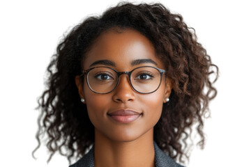 Obraz premium A confident young woman with curly hair and glasses, showcasing a thoughtful expression against a clean backdrop.