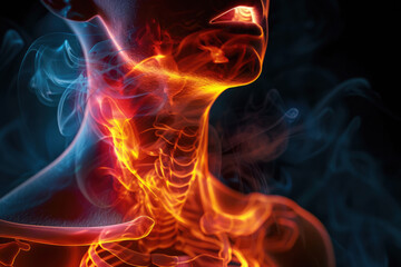 Fototapeta premium close-up, with a flame of fire in the mouth and throat, burning esophagus, chronic inflammation of the stomach, reflux, heartburn disease