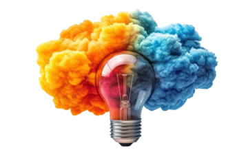 A creative light bulb surrounded by colorful smoke in vibrant orange and blue, symbolizing innovative ideas and inspiration.