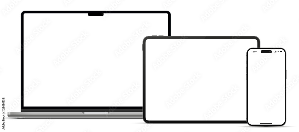 Poster Modern laptop computer, tablet pc and mobile phone mockup front view, notebook mockup and phone device mockup ui ux, digital devices screen template isolated on transparent