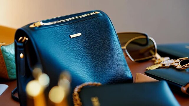 Luxurious leather goods and accessories display in elegant setting