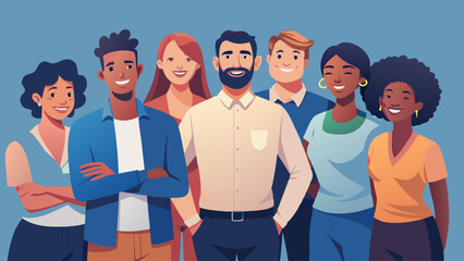 Obraz premium Group of young people standing together. Vector illustration in cartoon style.