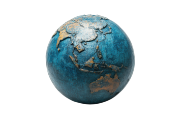 A detailed globe showcasing the continents and oceans, highlighting geographical features with a textured finish on a white isolated background.