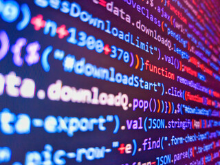 Developer display with source code. Screens with program web code and mouse  monitor background....