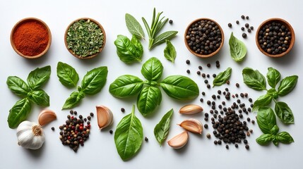 Naklejka premium vibrant arrangement of herbs, spices, and garlic for culinary inspiration.