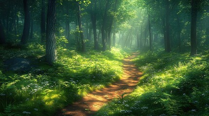 Obraz premium Sunlit path winds through lush green forest. Ideal for themes of nature, peace, journey.
