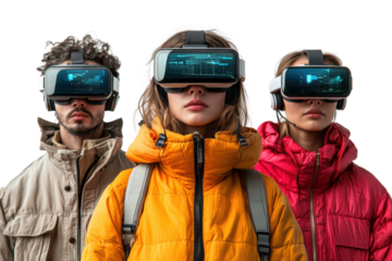 A diverse group of three individuals wearing virtual reality headsets, immersed in a digital experience, showcasing modern technology in action.