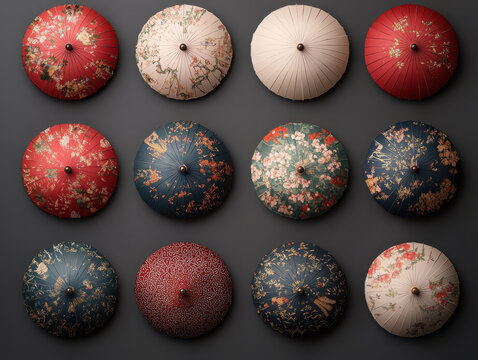Elegant Chinese umbrellas with bold colors and traditional designs create stunning visual display. intricate patterns and vibrant hues evoke sense of cultural richness and artistry