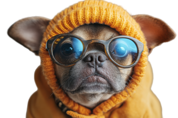 A fashionable dog wearing glasses and a cozy sweater, showcasing its unique style and personality against a white isolated background.