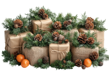 A festive arrangement of beautifully wrapped gifts adorned with pinecones and greenery, perfect for celebrating the holiday season.