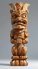 Intricately carved wooden totem pole featuring a tribal mask like face with detailed symbolic patterns and ornamental designs