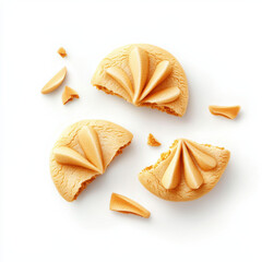 Delicious fortune cookies with soft golden textures and crisp edges, perfect for sharing and enjoying. delightful treat for any occasion, isolated design on white background
