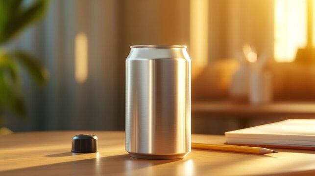 Aluminum drink can mockup with study desk background. Generative AI