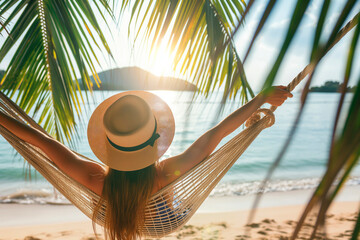 Happy carefree female traveler in a hat relaxing in a hammock on the beach in the shade of a palm leaf, looking at the sea