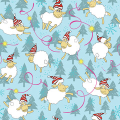 Seamless pattern of flying cartoon sheep in festive holiday hats. Ideal for digital uses like holiday cards, fabric designs, gift wrap, or seasonal projects.