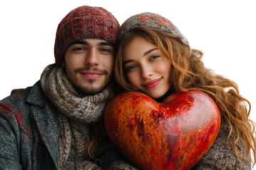 A happy couple embracing, holding a large heart-shaped decoration, dressed in cozy winter clothing, surrounded by a warm and loving atmosphere.