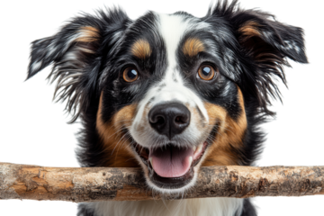 A happy dog holding a branch in its mouth, showcasing its playful nature and friendly personality against a white isolated background.