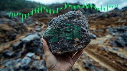 A hand grips a rugged rock while digital data displays float above the surface in a mining setting