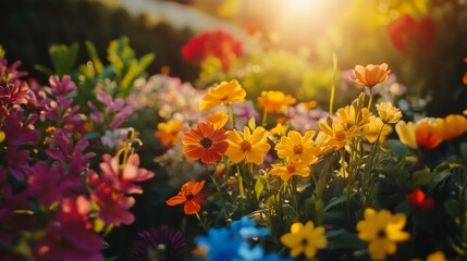 Fototapeta premium Vibrant Flower Garden, A lively garden bursting with a variety of flowers in full bloom, celebrating nature's beauty and the delightful art of gardening.