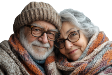 A loving elderly couple wearing winter sweaters and glasses, sharing a warm embrace against a white isolate background.