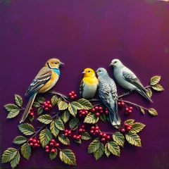 Poster de jardin  Colorful set of cartoon birds - brown sparrows, blue parakeets, white doves, yellow titmouse and grey pigeons. Feathered characters couples in different poses and leafy branches with berries.  © aq