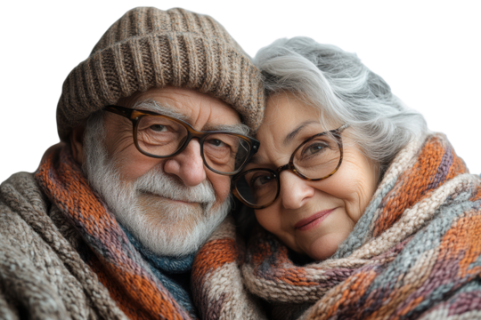 A loving elderly couple wearing winter sweaters and glasses, sharing a warm embrace against a white isolate background.