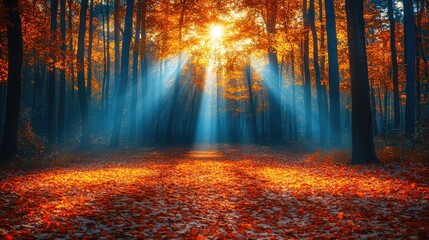 Obraz premium Sunbeams pierce an autumn forest, illuminating vibrant orange leaves on the ground. Perfect for illustrating themes of nature, fall, and tranquility.