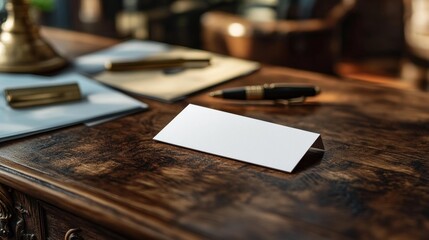 Business card mockup on a desk with elegant pen and documents. Generative AI