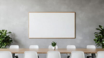 Stylish coworking space featuring large whiteboard, wooden table, and green plants, creating modern and collaborative atmosphere