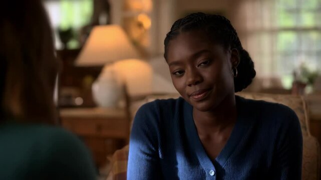 Two Black female friends engage in a heartfelt conversation in a bright and inviting living room with soft lighting