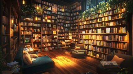 Obraz premium Cozy Bookshop Haven, a warm and inviting space, lined with shelves of novels, soft ambient lighting, and comfortable seating, beckoning readers to discover new adventures.