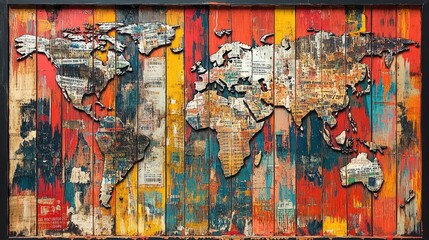 Obraz premium This wooden world map artwork features textured layers and vibrant colors that enhance any space