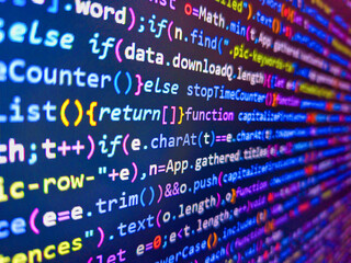 Web software development background. Software source code. Light up blue one and zero text flowing...