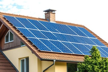 Fototapeta premium Solar panel installation completed on residential roof in suburban area