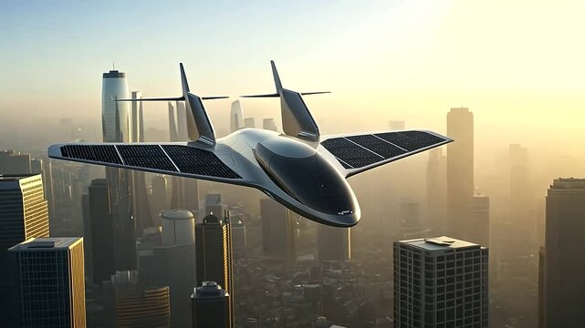 Futuristic Solar Aircraft Over Megacity Skyline