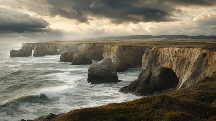 Obraz premium Dramatic Rocky Coastline Storm, powerful waves crash against rugged cliffs, dark clouds loom overhead, showcasing nature's fierce beauty and turbulent energy.