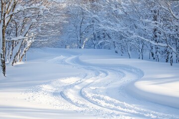 Fototapeta premium Tracks in fresh snow lead through a serene winter landscape with snow-covered trees