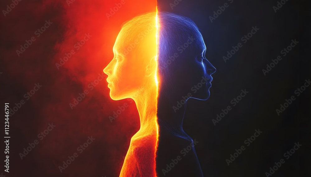 Poster duality of human emotion represented through vibrant contrast of light and shadow in a split face ar